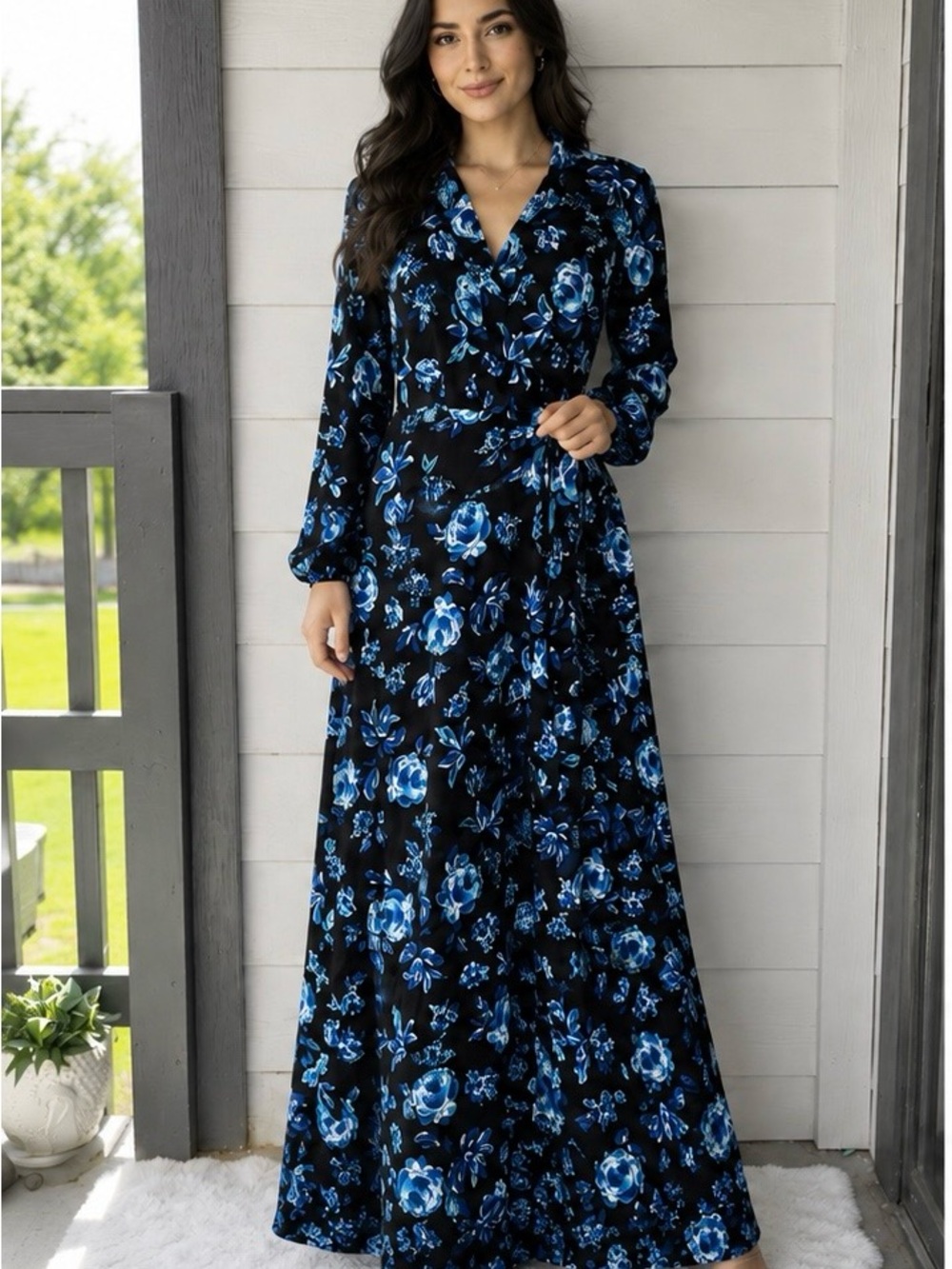 Boohoo Black Maxi Dress with Blue Floral Print